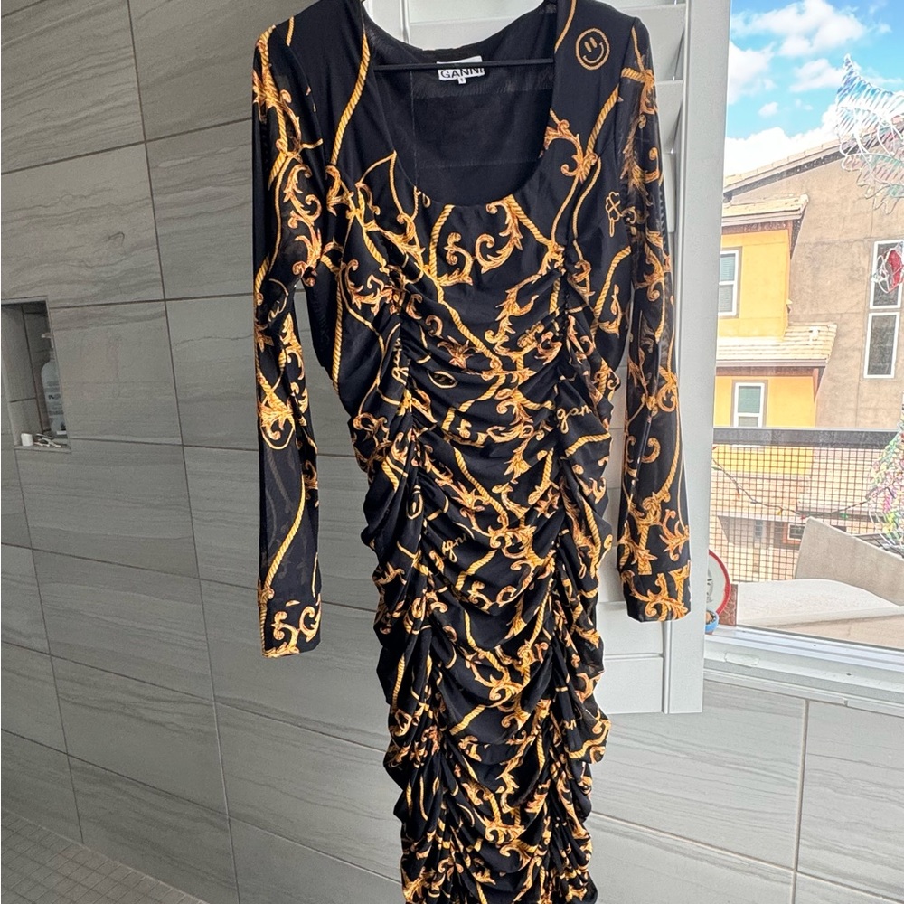 Ganni brand black and gold midi dress